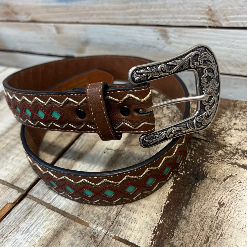Ariat Brown Leather Turquoise Embroidery Western Cowgirl Belt Small A1518202 - Picture 4 of 14